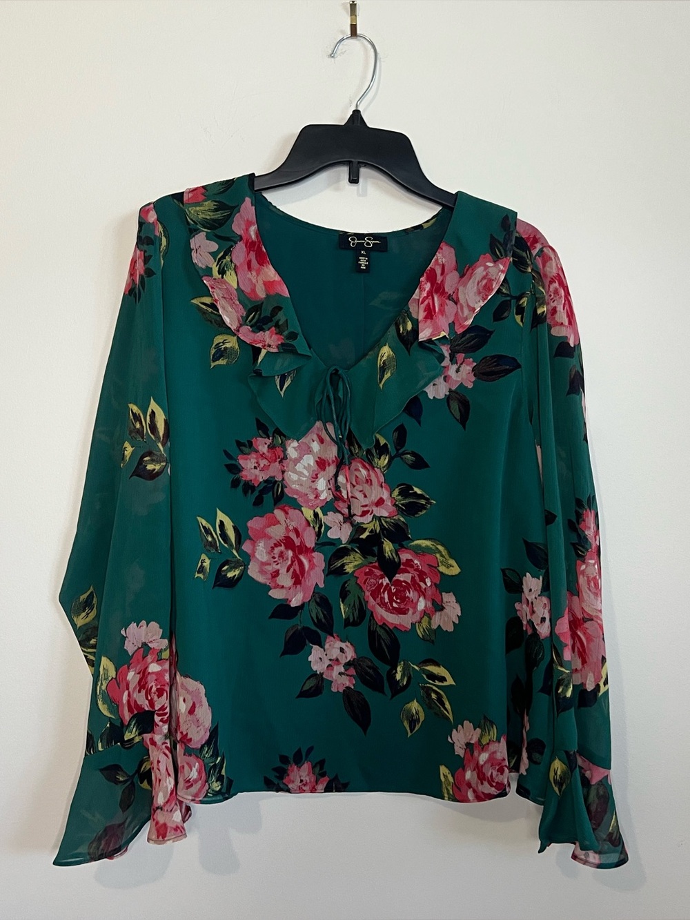 Jessica Simpson Teal Floral Tie-Neck Blouse
